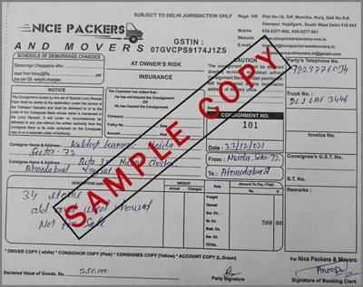 Packers and Movers Consignment or Bilty Copy
