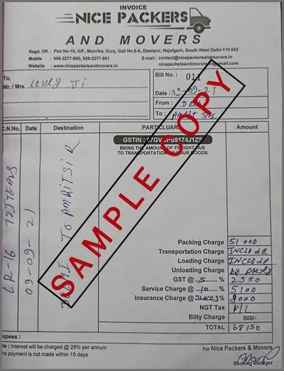 Packers and Movers GST Bill