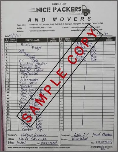 Nice Packers and Movers Item List